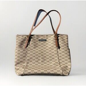 Michael Kors Signature Large Tote Natural MK Monogram Canvas Gold Tone Pre-Owned